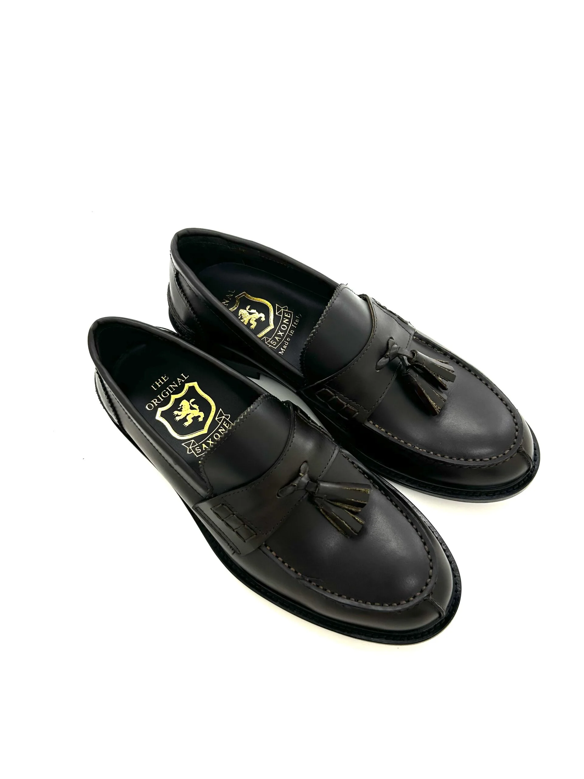 Saxone mocassini con nappine uomo, in pelle Polish binder testa di moro, collo alto, doppia suola cuoio - immagine 3