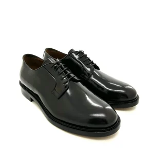 Saxone scarpe allacciate derby uomo,in pelle marrone scuro Polish binder,suola cuoio