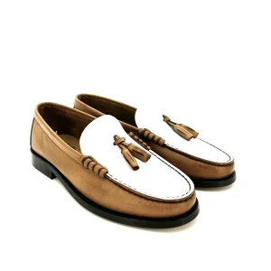 Saxone mocassini con nappine donna, in pelle cognac e bianco, suola cuoio