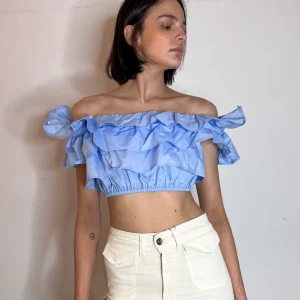 CROP TOP IN COTONE A BALZE AZZURRO